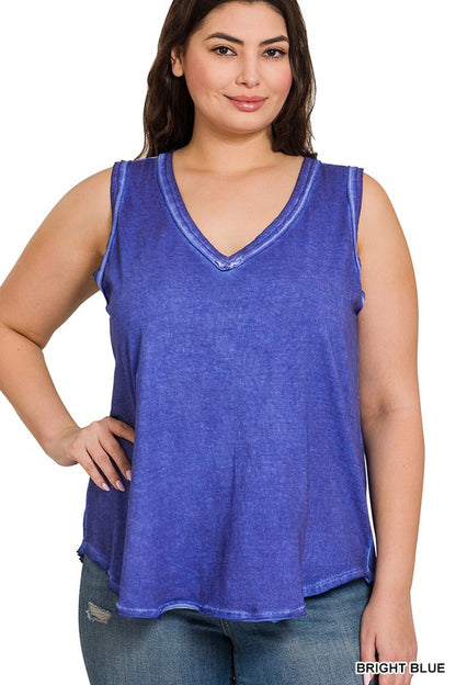 PLUS WASHED RAW EDGE V-NECK TANK TOP