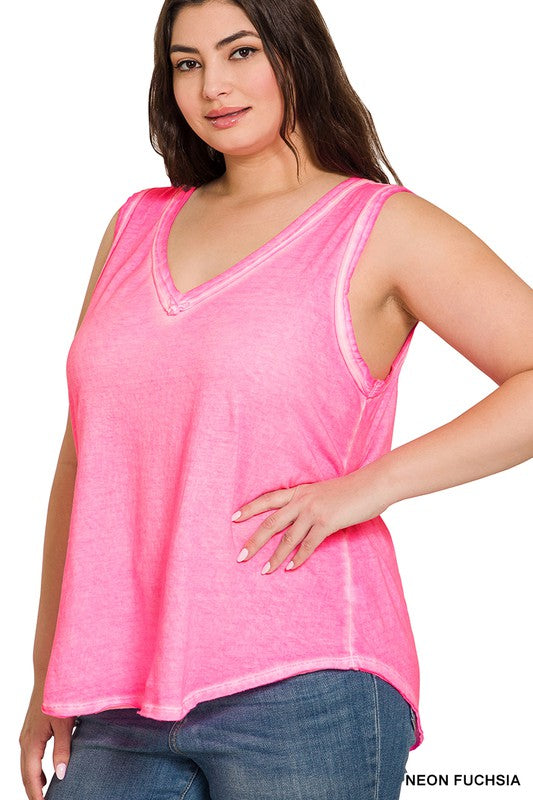 PLUS WASHED RAW EDGE V-NECK TANK TOP