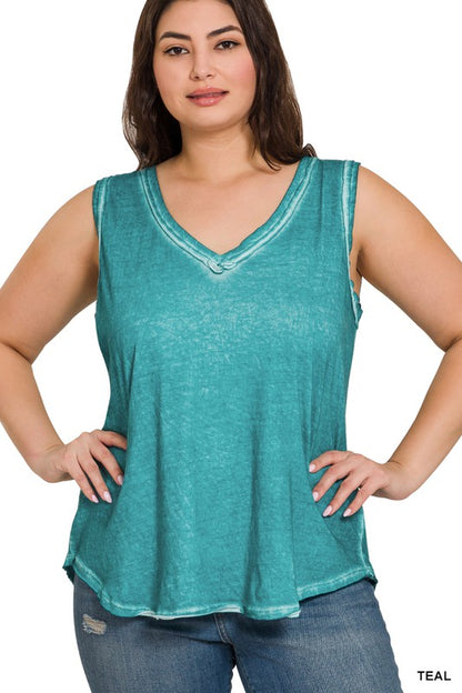 PLUS WASHED RAW EDGE V-NECK TANK TOP