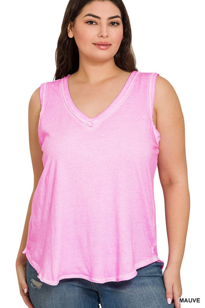 PLUS WASHED RAW EDGE V-NECK TANK TOP