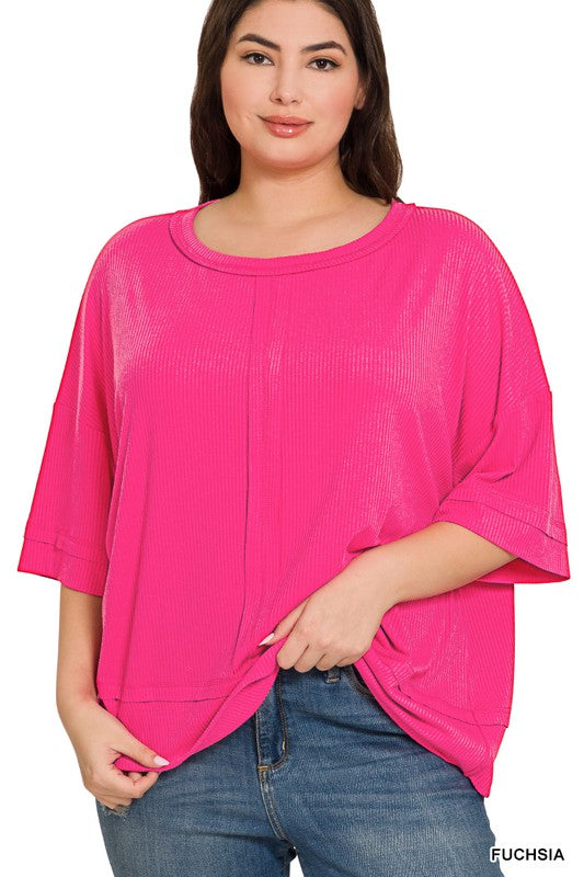 PLUS RIB BOAT NECK DOLMAN SLEEVE TOP W FRONT SEAM