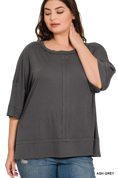 PLUS RIB BOAT NECK DOLMAN SLEEVE TOP W FRONT SEAM