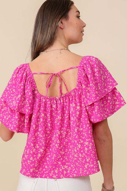 SMOCKED SQUARE NECK FLORAL BLOUSE WITH OPEN BACK