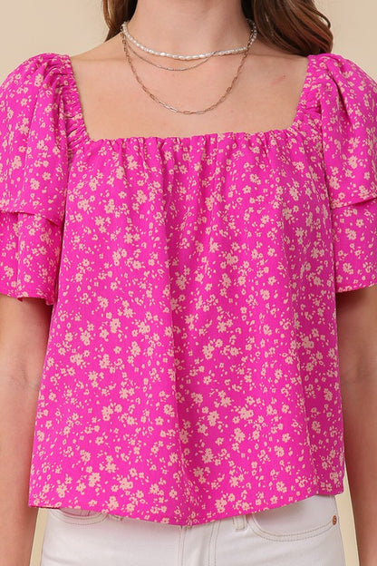 SMOCKED SQUARE NECK FLORAL BLOUSE WITH OPEN BACK