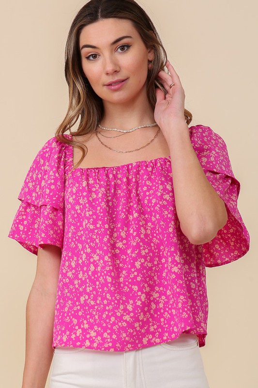 SMOCKED SQUARE NECK FLORAL BLOUSE WITH OPEN BACK