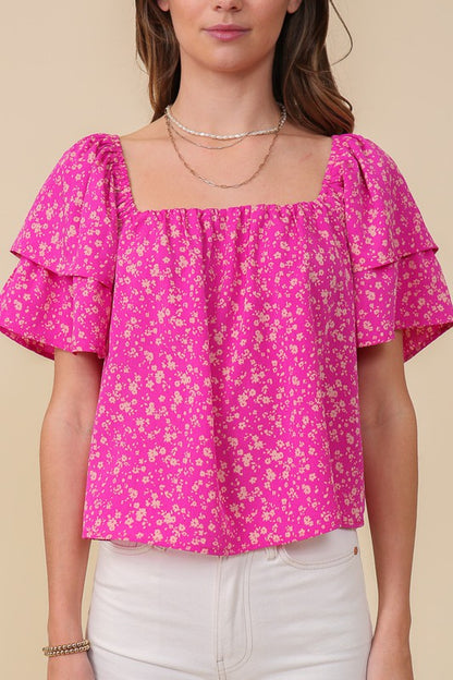 SMOCKED SQUARE NECK FLORAL BLOUSE WITH OPEN BACK