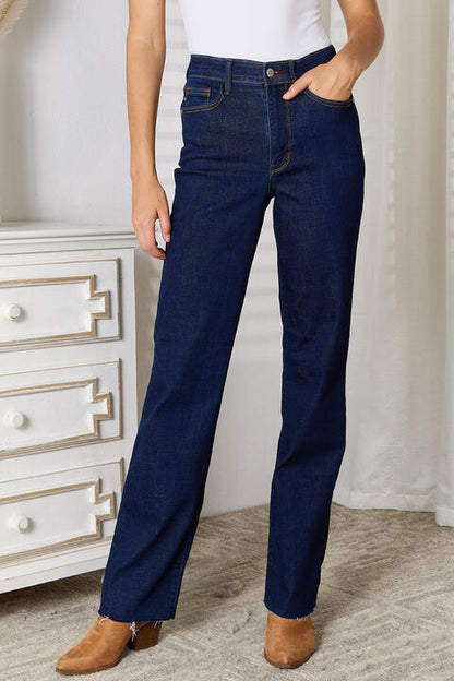 Judy Blue Raw Hem Straight Leg Jeans with Pockets