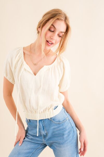 Cotton Gauze Back Waist Tie Cropped Blouse