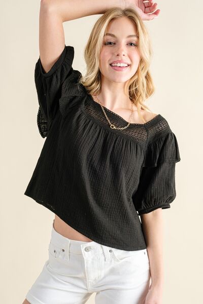 Square Neck Cotton Gauze Ruffled Blouse