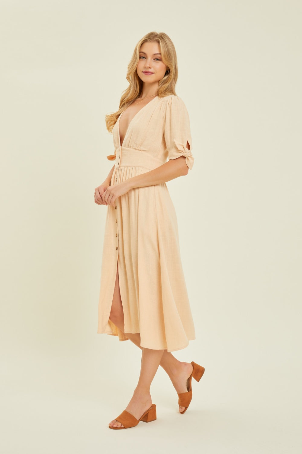 Textured Linen V-Neck Button-Down Midi Dress