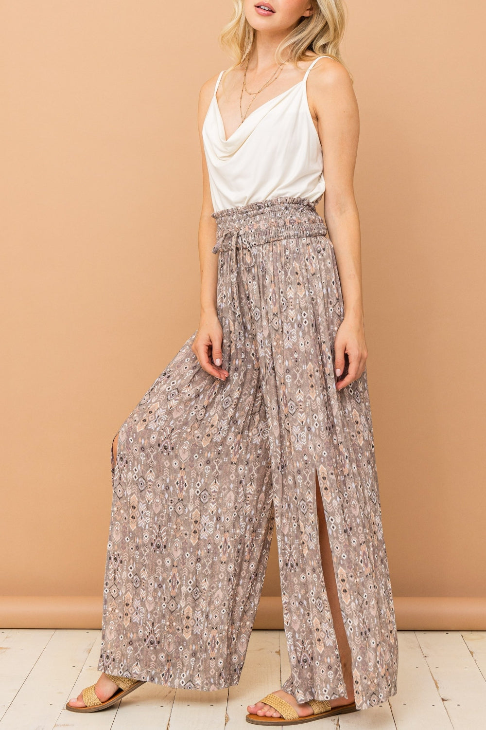 Printed Smocked Waist Slit Wide Leg Pants