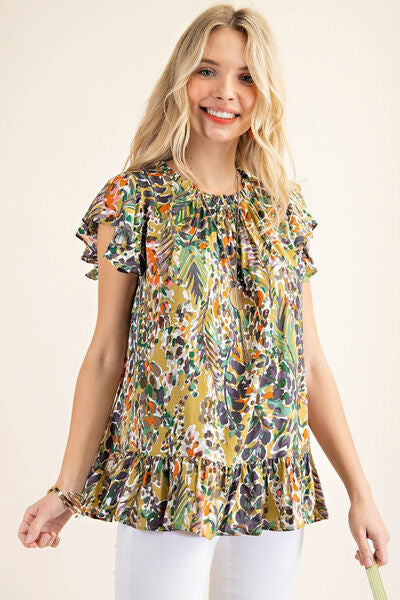 Printed Ruffle Hem Cap Sleeve Blouse