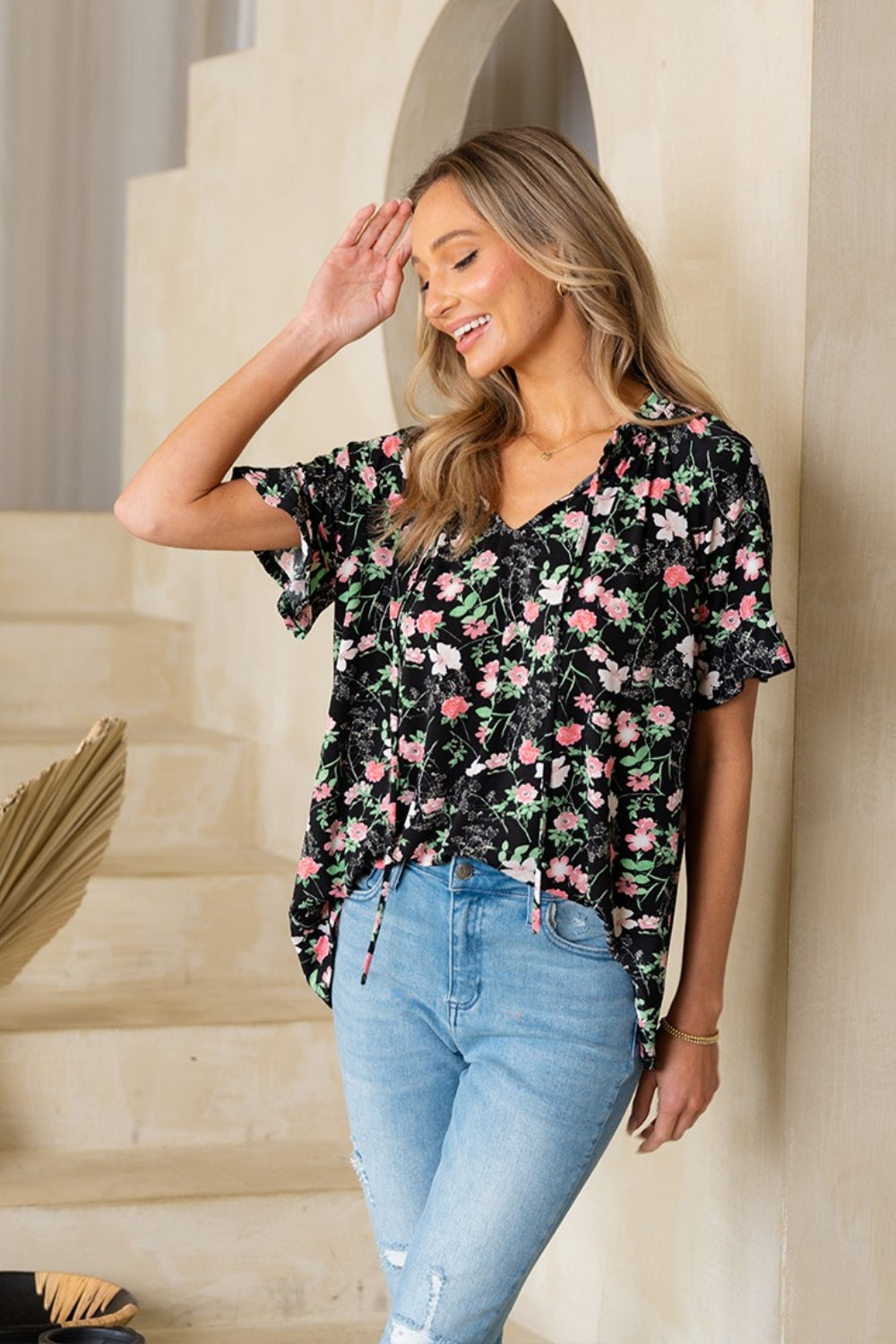 Floral Tie Neck Short Sleeve Blouse