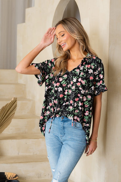 Floral Tie Neck Short Sleeve Blouse