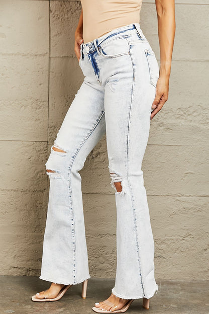 BAYEAS Mid Rise Acid Wash Distressed Flare Jeans