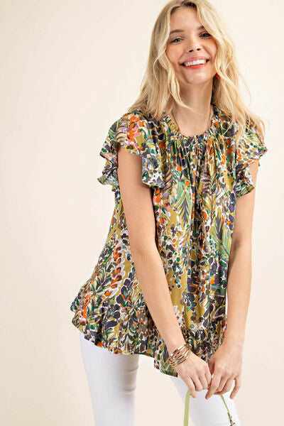 Printed Ruffle Hem Cap Sleeve Blouse