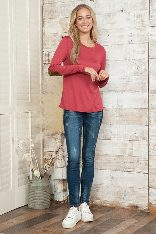 Plus Solid Long Sleeve Sequin Elbow Patch Top