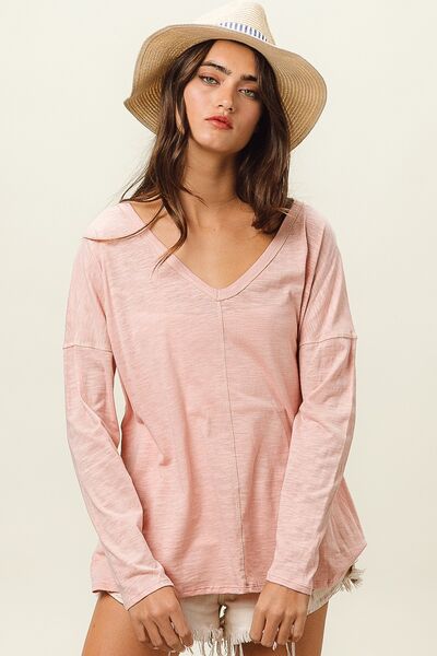 Exposed Seam V-Neck Long Sleeve T-Shirt