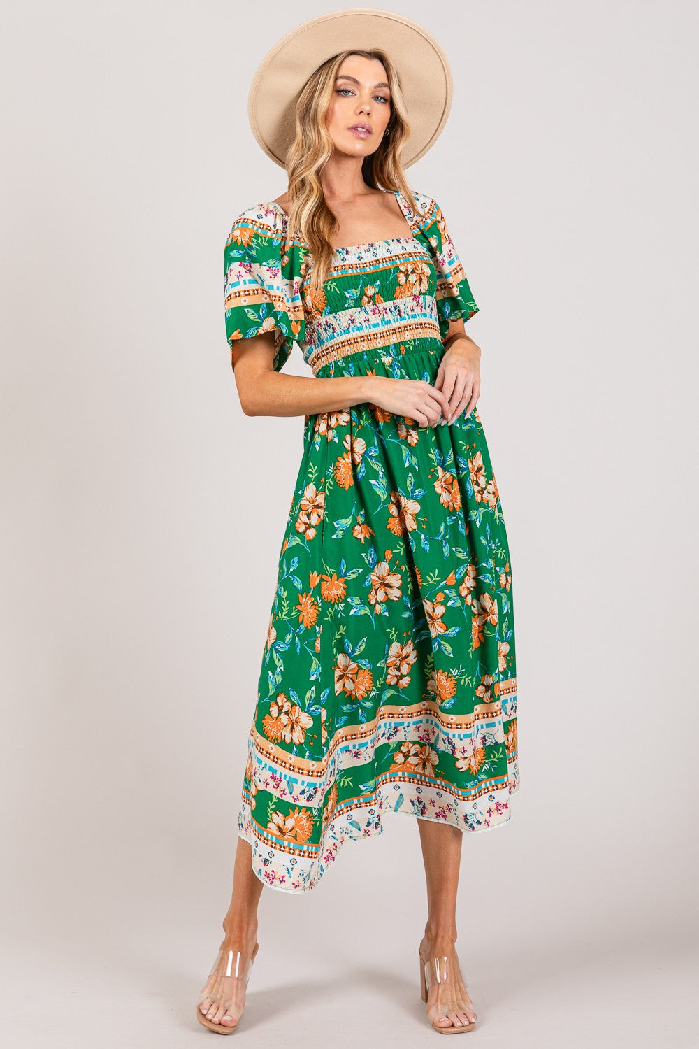 Printed Smocked Short Sleeve Midi Dress