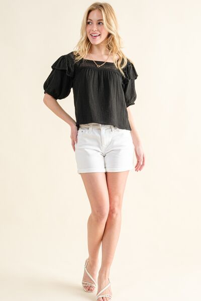 Square Neck Cotton Gauze Ruffled Blouse