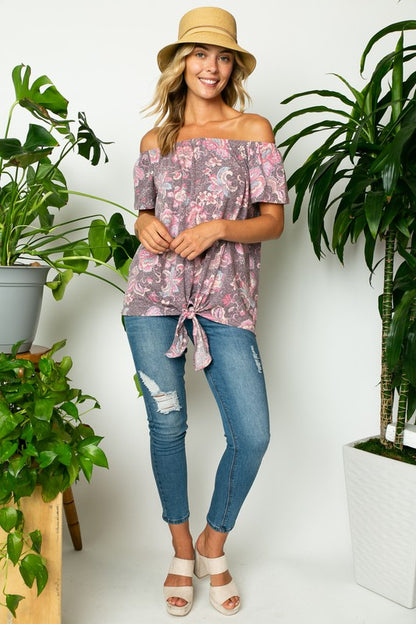 PLUS PAISLEY OFF SHOULDER TIE TOP