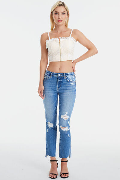 BAYEAS Mid Waist Distressed Ripped Straight Jeans