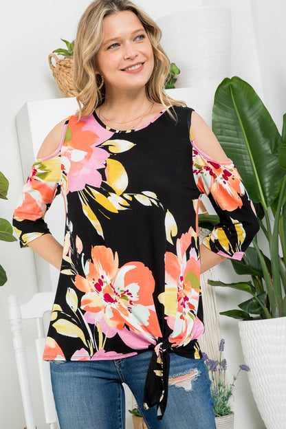 PLUS FLORAL COLD SHOULDER TOP