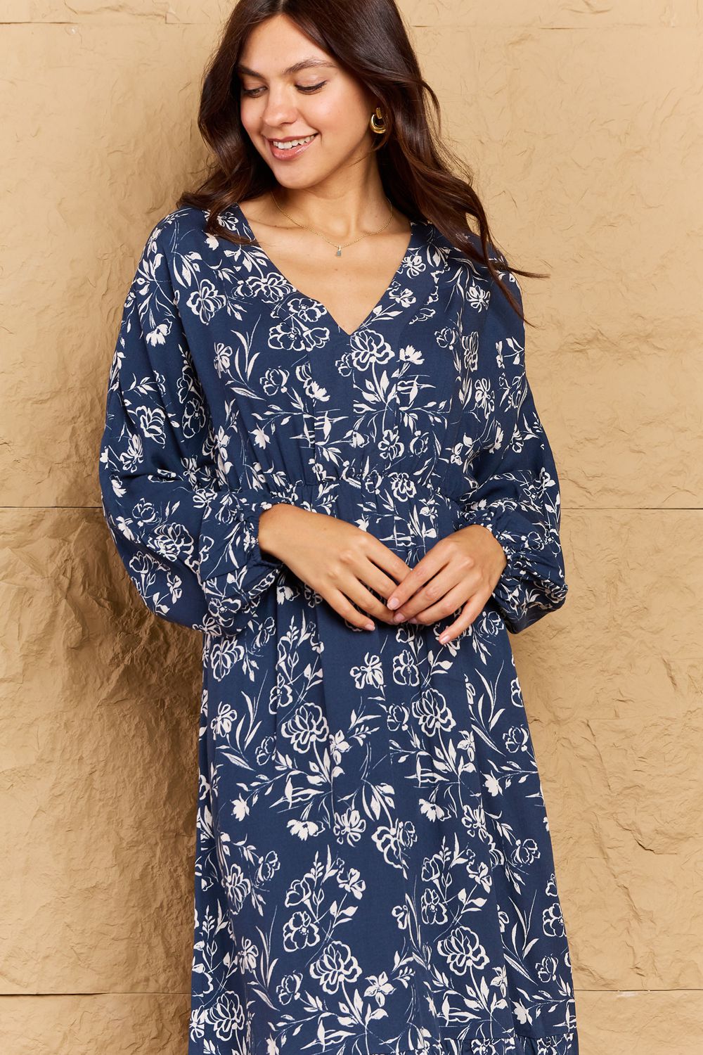 Night Out Balloon Sleeve Floral Midi Dress