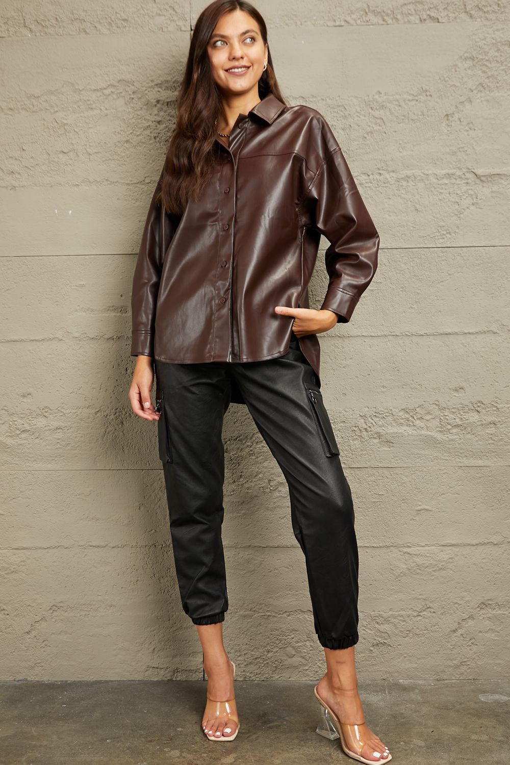 Vegan Leather Button Down Shirt