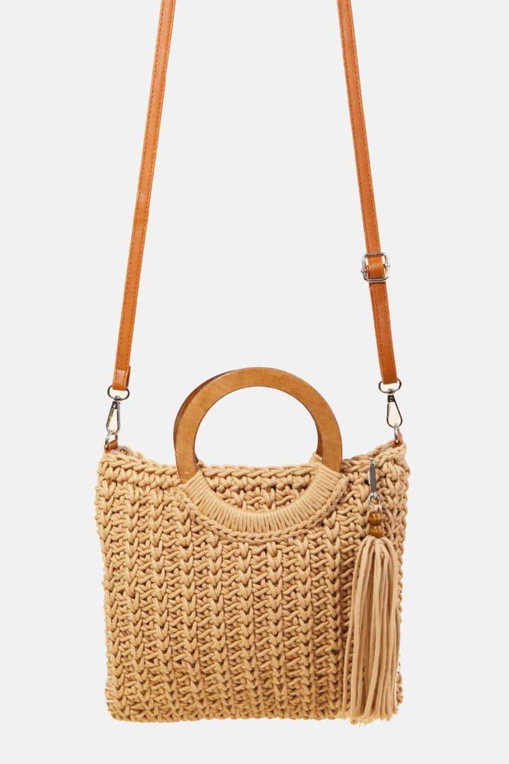 Crochet Knit Convertible Tote Bag with Tassel