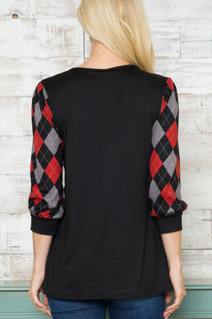 Plus Solid Checker V Neck Top