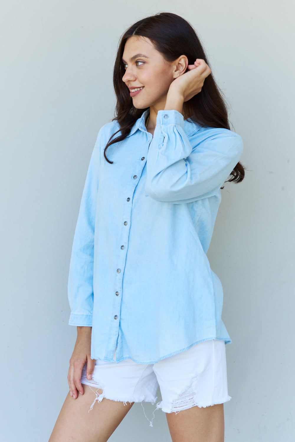 Blue Jean Baby Denim Button Down Shirt Top in Light Blue