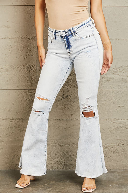 BAYEAS Mid Rise Acid Wash Distressed Flare Jeans