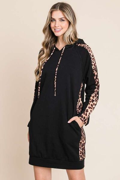 Drawstring Leopard Long Sleeve Hooded Dress