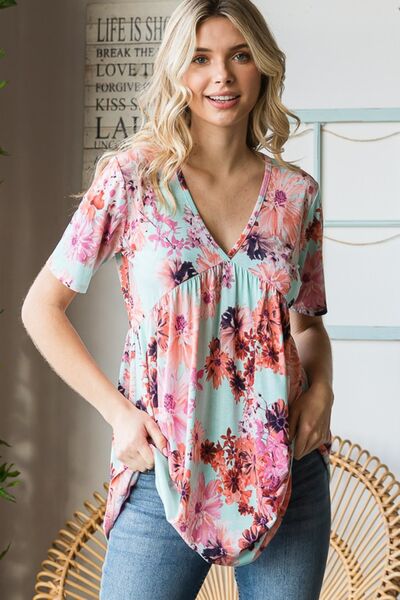 Floral V-Neck Short Sleeve Babydoll Blouse