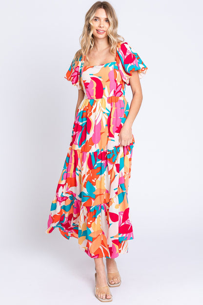 Printed Smocked Back Tiered Maxi Dress