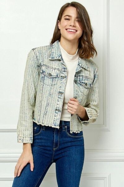 Multi Color Stripe Rhinestone Raw Hem Denim Jacket