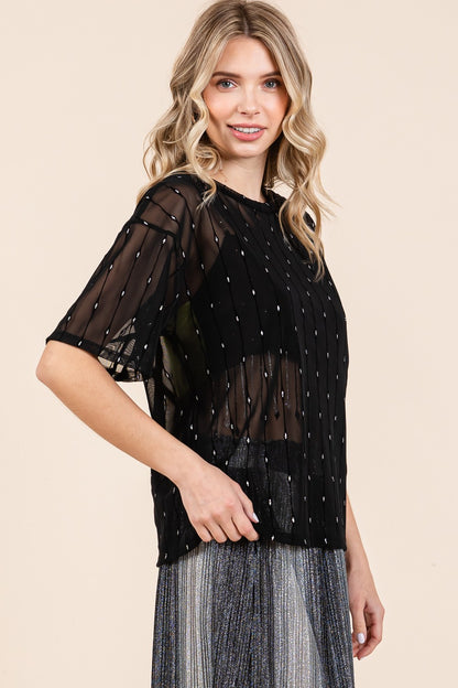 Round Neck Drop Shoulder Mesh Glitter Top