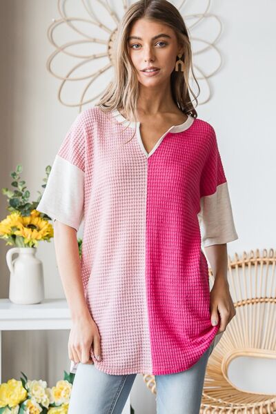 Contrast Waffle-Knit Half Sleeve Blouse