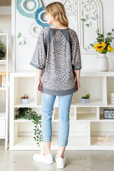 Leopard Contrast V-Neck Half Sleeve T-Shirt