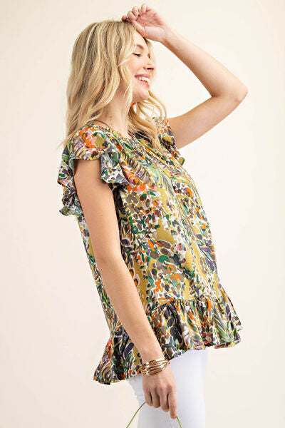 Printed Ruffle Hem Cap Sleeve Blouse