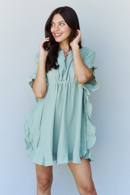 Out Of Time Ruffle Hem Dress with Drawstring Waistband in Light Sage