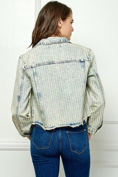 Multi Color Stripe Rhinestone Raw Hem Denim Jacket