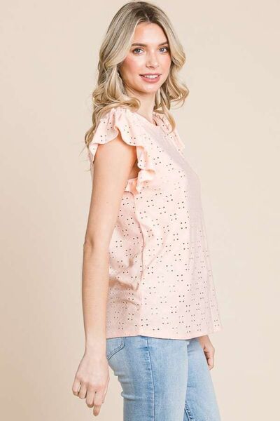 Eyelet Round Neck Ruffled Cap Sleeve Top