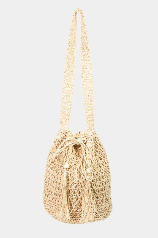 Straw Braided Drawstring Tote Bag with Tassel