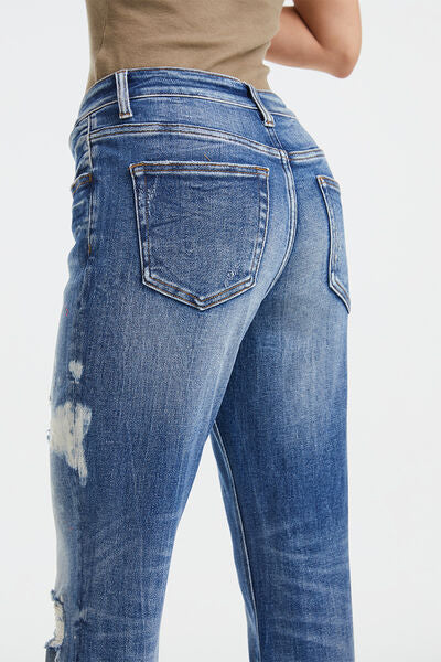 BAYEAS High Waist Distressed Paint Splatter Pattern Mom Jeans