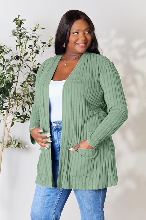 Ribbed Open Front Cardigan with Pockets