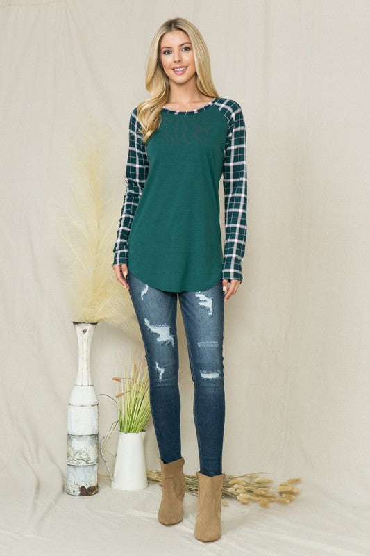 Plus Solid Plaid Contrast Long Sleeve Top