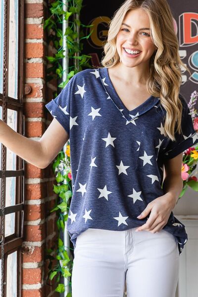 Star Print V-Neck Short Sleeve T-Shirt