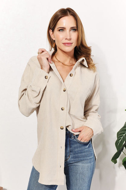 Oversized Corduroy  Button-Down Tunic Shirt with Bust Pocket